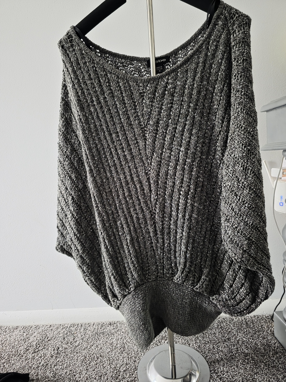 bebe Gray Ribbed Off-Shoulder Knit Sweater